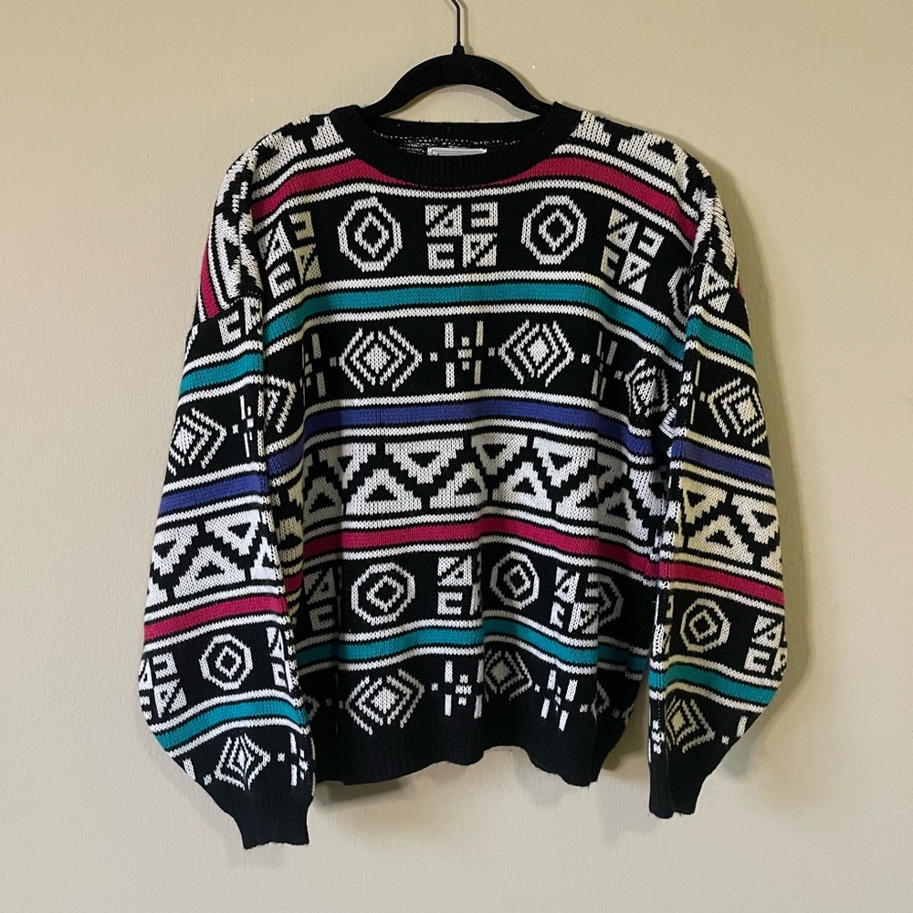 Vintage Nicole Curie Women’s Sweater Size Large In Geometric Pattern Black Pink
